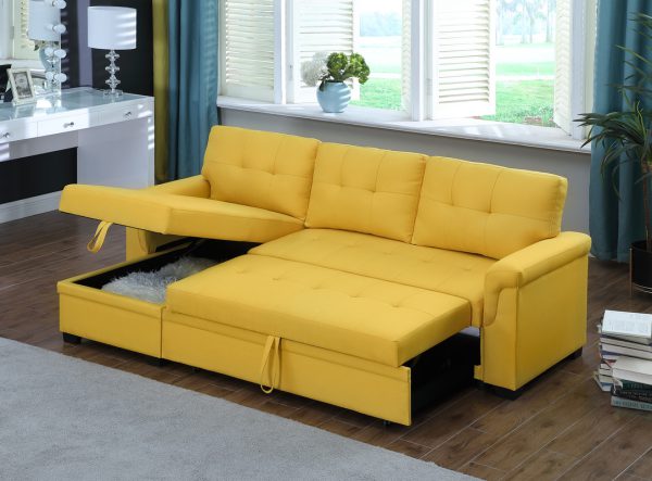 Lucca 84"W Yellow Linen Reversible Sleeper Sectional Sofa with Storage Chaise - Image 9
