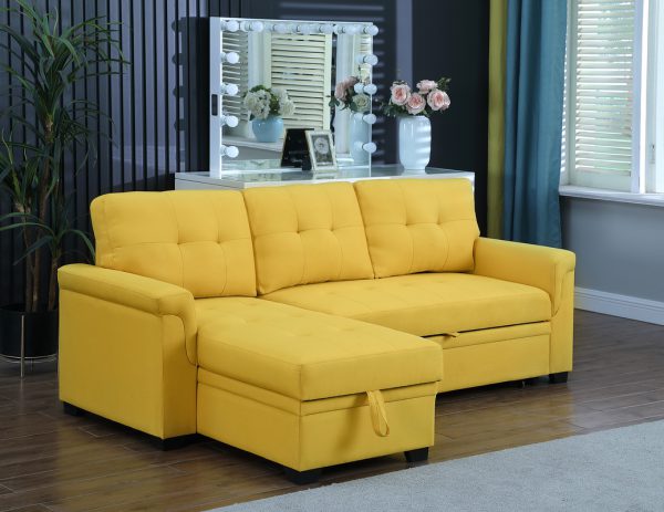 Lucca 84"W Yellow Linen Reversible Sleeper Sectional Sofa with Storage Chaise - Image 8
