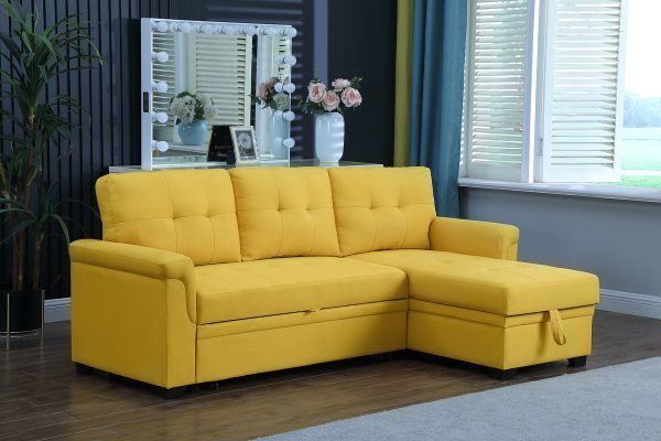 Lucca 84"W Yellow Linen Reversible Sleeper Sectional Sofa with Storage Chaise - Image 7