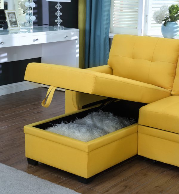 Lucca 84"W Yellow Linen Reversible Sleeper Sectional Sofa with Storage Chaise - Image 6