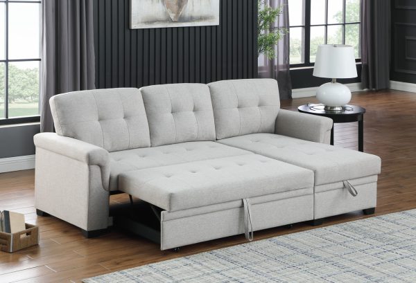 Lucca 84"W Light Gray Linen Reversible Sleeper Sectional Sofa with Storage Chaise - Image 6
