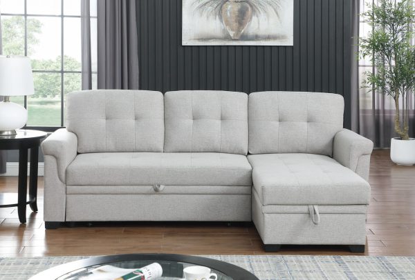Lucca 84"W Light Gray Linen Reversible Sleeper Sectional Sofa with Storage Chaise - Image 5