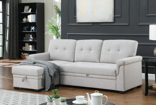 Lucca 84"W Light Gray Linen Reversible Sleeper Sectional Sofa with Storage Chaise - Image 4