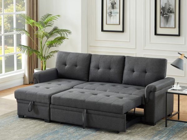 Lucca 84"W Dark Gray Linen Reversible Sleeper Sectional Sofa with Storage Chaise - Image 4