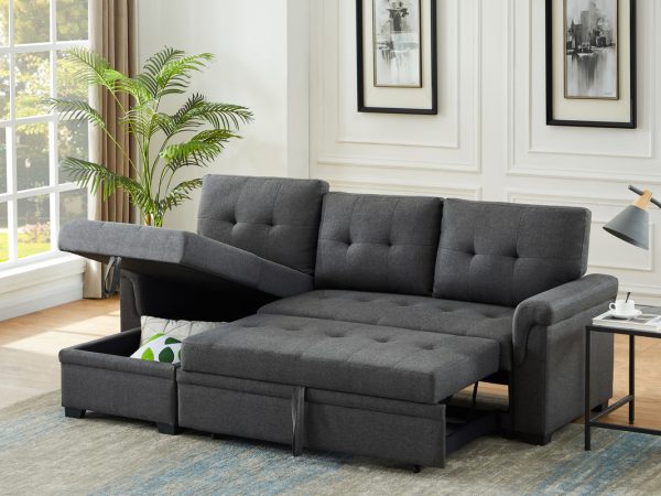 Lucca 84"W Dark Gray Linen Reversible Sleeper Sectional Sofa with Storage Chaise - Image 3