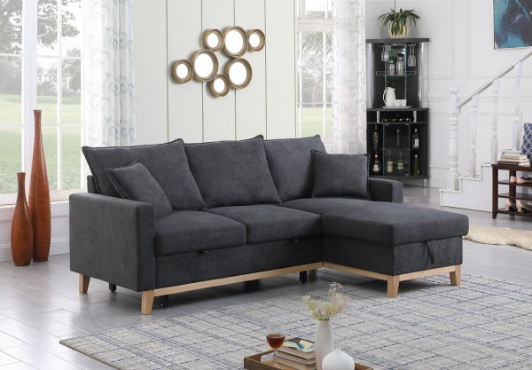 Colton 84.25"W Dark Gray Woven Reversible Sleeper Sectional Sofa with Storage Chaise - Image 10