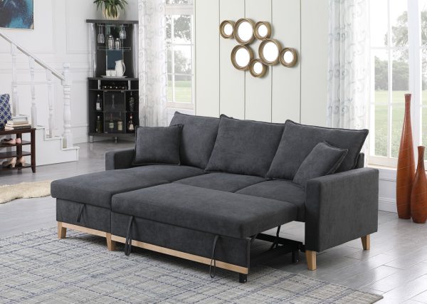 Colton 84.25"W Dark Gray Woven Reversible Sleeper Sectional Sofa with Storage Chaise - Image 9
