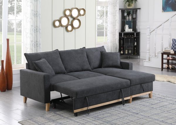Colton 84.25"W Dark Gray Woven Reversible Sleeper Sectional Sofa with Storage Chaise - Image 8