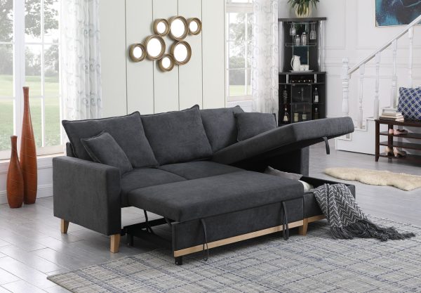 Colton 84.25"W Dark Gray Woven Reversible Sleeper Sectional Sofa with Storage Chaise - Image 7