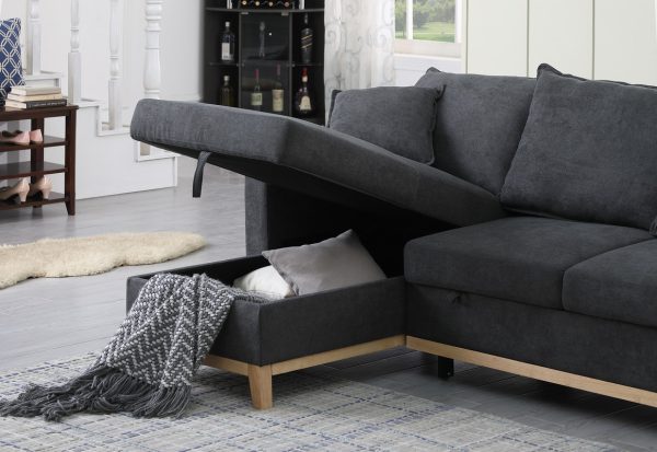 Colton 84.25"W Dark Gray Woven Reversible Sleeper Sectional Sofa with Storage Chaise - Image 6