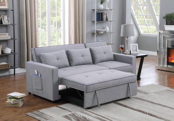 Zoey 79.75"W Light Gray Linen Convertible Sleeper Sofa with Side Pocket - Image 11