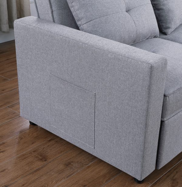 Zoey 79.75"W Light Gray Linen Convertible Sleeper Sofa with Side Pocket - Image 14
