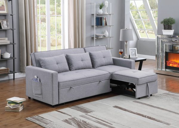 Zoey 79.75"W Light Gray Linen Convertible Sleeper Sofa with Side Pocket - Image 10