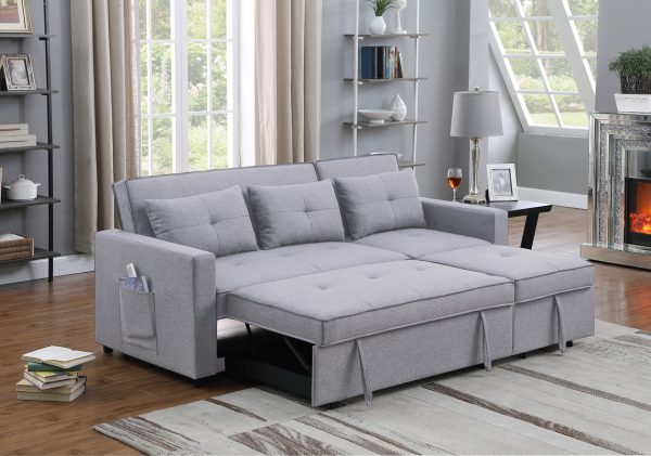 Zoey 79.75"W Light Gray Linen Convertible Sleeper Sofa with Side Pocket - Image 9