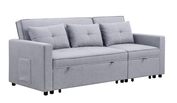 Zoey 79.75"W Light Gray Linen Convertible Sleeper Sofa with Side Pocket - Image 7