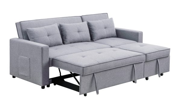 Zoey 79.75"W Light Gray Linen Convertible Sleeper Sofa with Side Pocket - Image 4