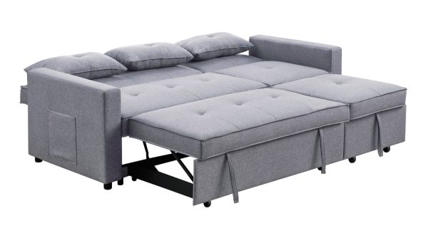 Zoey 79.75"W Light Gray Linen Convertible Sleeper Sofa with Side Pocket - Image 3