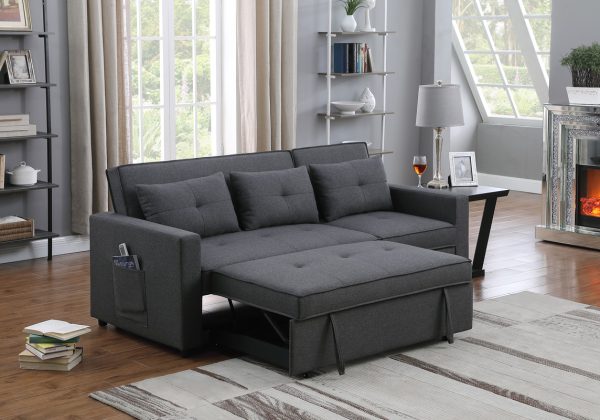 Zoey 79.75"W Dark Gray Linen Convertible Sleeper Sofa with Side Pocket - Image 12