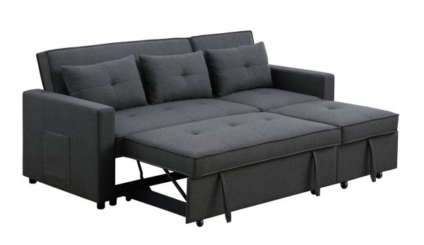 Zoey 79.75"W Dark Gray Linen Convertible Sleeper Sofa with Side Pocket - Image 3