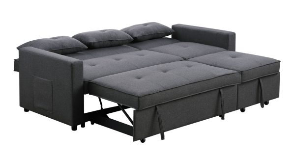 Zoey 79.75"W Dark Gray Linen Convertible Sleeper Sofa with Side Pocket - Image 2