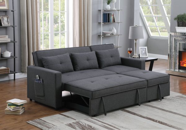 Zoey 79.75"W Dark Gray Linen Convertible Sleeper Sofa with Side Pocket - Image 11