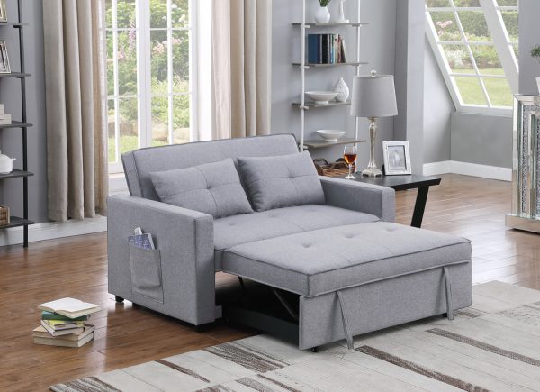 Zoey 56"W Light Gray Linen Convertible Sleeper Loveseat with Side Pocket - Image 7