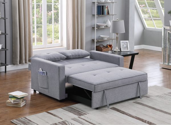 Zoey 56"W Light Gray Linen Convertible Sleeper Loveseat with Side Pocket - Image 6