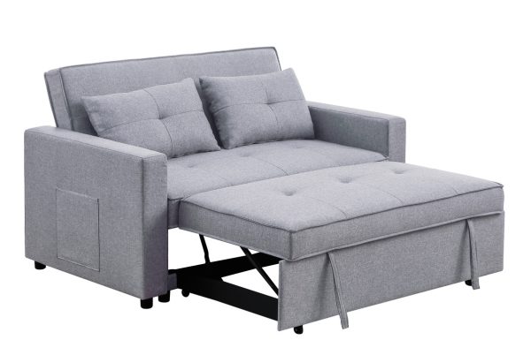 Zoey 56"W Light Gray Linen Convertible Sleeper Loveseat with Side Pocket - Image 4