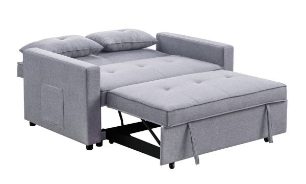 Zoey 56"W Light Gray Linen Convertible Sleeper Loveseat with Side Pocket - Image 3