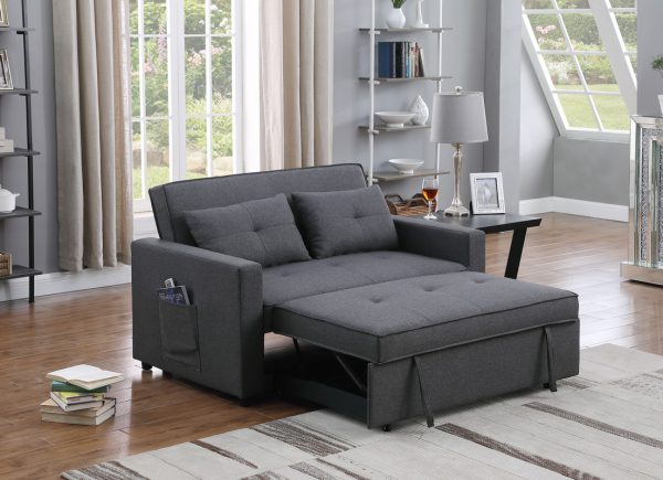 Zoey 56"W Dark Gray Linen Convertible Sleeper Loveseat with Side Pocket - Image 3
