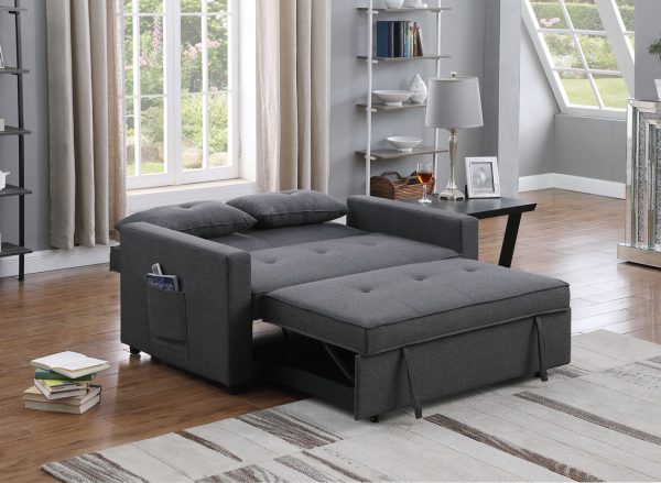 Zoey 56"W Dark Gray Linen Convertible Sleeper Loveseat with Side Pocket - Image 10