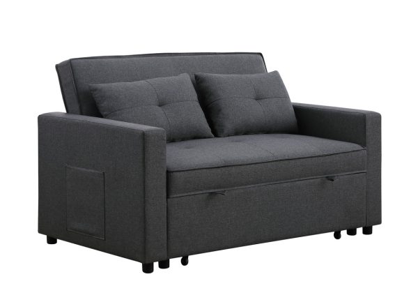 Zoey 56"W Dark Gray Linen Convertible Sleeper Loveseat with Side Pocket - Image 6