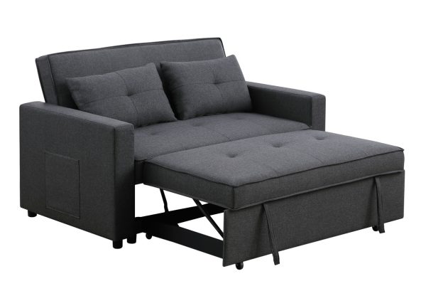 Zoey 56"W Dark Gray Linen Convertible Sleeper Loveseat with Side Pocket - Image 5