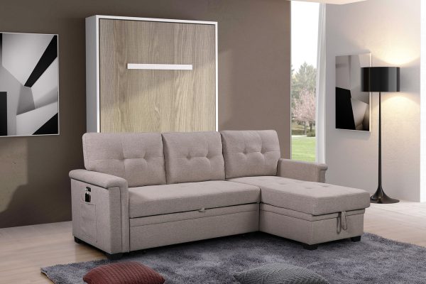 Ashlyn 84"W Light Gray Reversible Sleeper Sectional Sofa with Storage Chaise, USB Charging Ports and Pocket - Image 6