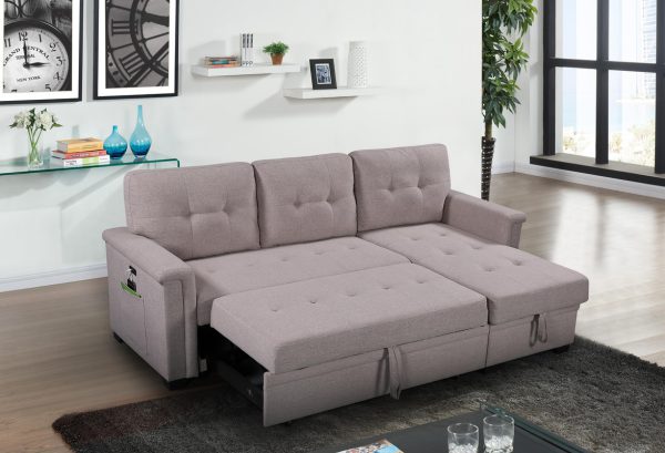 Ashlyn 84"W Light Gray Reversible Sleeper Sectional Sofa with Storage Chaise, USB Charging Ports and Pocket - Image 5