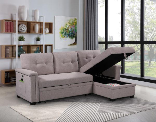 Ashlyn 84"W Light Gray Reversible Sleeper Sectional Sofa with Storage Chaise, USB Charging Ports and Pocket - Image 4