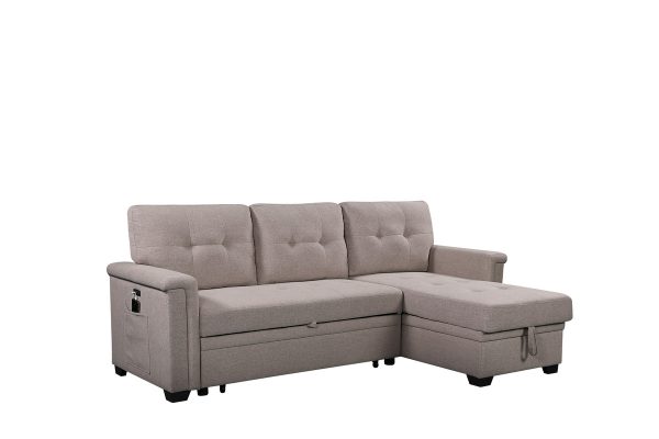 Ashlyn 84"W Light Gray Reversible Sleeper Sectional Sofa with Storage Chaise, USB Charging Ports and Pocket - Image 3