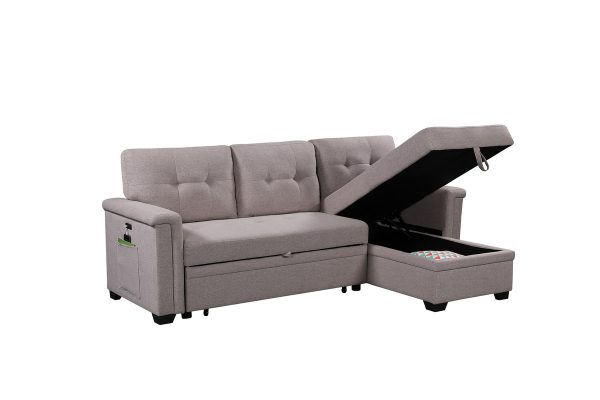 Ashlyn 84"W Light Gray Reversible Sleeper Sectional Sofa with Storage Chaise, USB Charging Ports and Pocket - Image 2