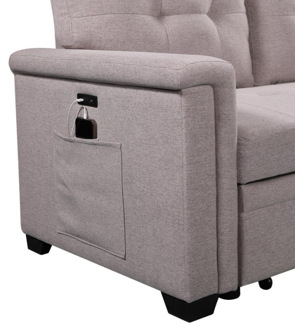 Ashlyn 84"W Light Gray Reversible Sleeper Sectional Sofa with Storage Chaise, USB Charging Ports and Pocket - Image 8