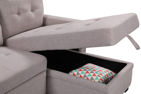 Ashlyn 84"W Light Gray Reversible Sleeper Sectional Sofa with Storage Chaise, USB Charging Ports and Pocket - Image 7
