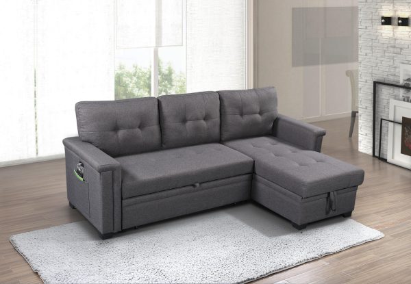 Ashlyn 84"W Dark Gray Reversible Sleeper Sectional Sofa with Storage Chaise, USB Charging Ports and Pocket - Image 8