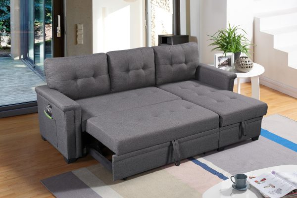 Ashlyn 84"W Dark Gray Reversible Sleeper Sectional Sofa with Storage Chaise, USB Charging Ports and Pocket - Image 7