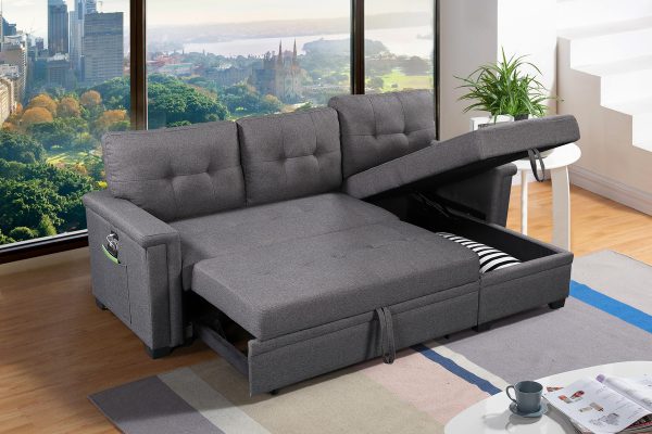 Ashlyn 84"W Dark Gray Reversible Sleeper Sectional Sofa with Storage Chaise, USB Charging Ports and Pocket - Image 6