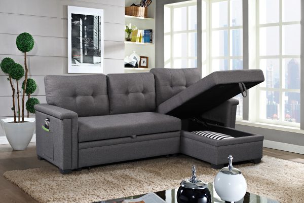 Ashlyn 84"W Dark Gray Reversible Sleeper Sectional Sofa with Storage Chaise, USB Charging Ports and Pocket - Image 5