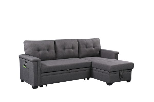 Ashlyn 84"W Dark Gray Reversible Sleeper Sectional Sofa with Storage Chaise, USB Charging Ports and Pocket - Image 4
