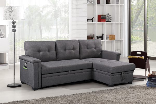 Ashlyn 84"W Dark Gray Reversible Sleeper Sectional Sofa with Storage Chaise, USB Charging Ports and Pocket - Image 3