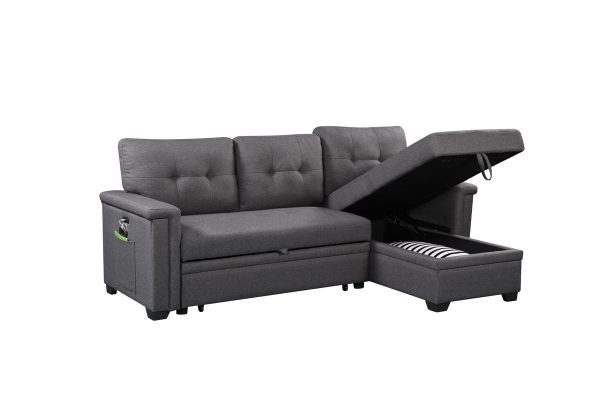 Ashlyn 84"W Dark Gray Reversible Sleeper Sectional Sofa with Storage Chaise, USB Charging Ports and Pocket - Image 2