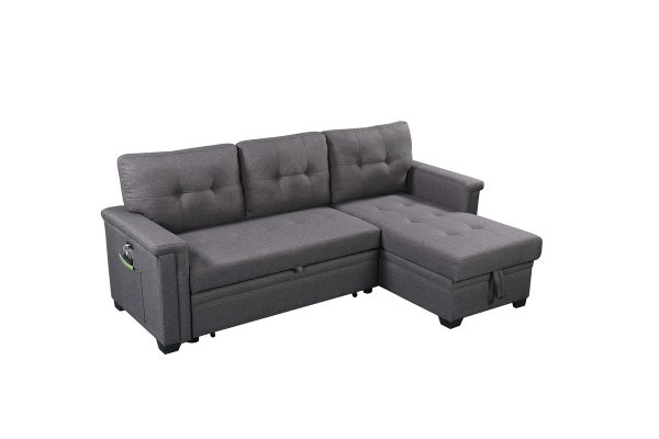 Ashlyn 84"W Dark Gray Reversible Sleeper Sectional Sofa with Storage Chaise, USB Charging Ports and Pocket - Image 11
