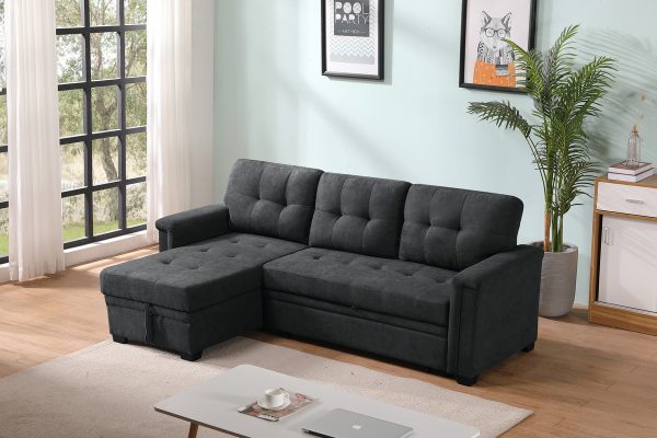 Ashlyn 84"W Dark Gray Woven Fabric Sleeper Sectional Sofa Chaise with USB Charger and Tablet Pocket - Image 9