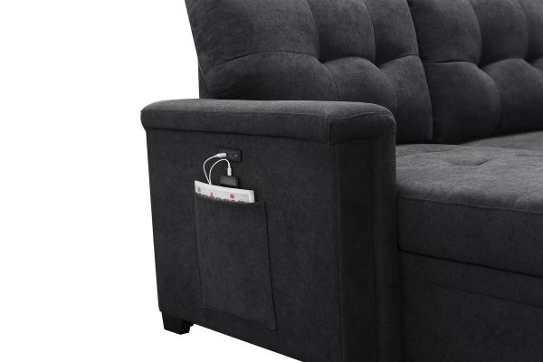 Ashlyn 84"W Dark Gray Woven Fabric Sleeper Sectional Sofa Chaise with USB Charger and Tablet Pocket - Image 8